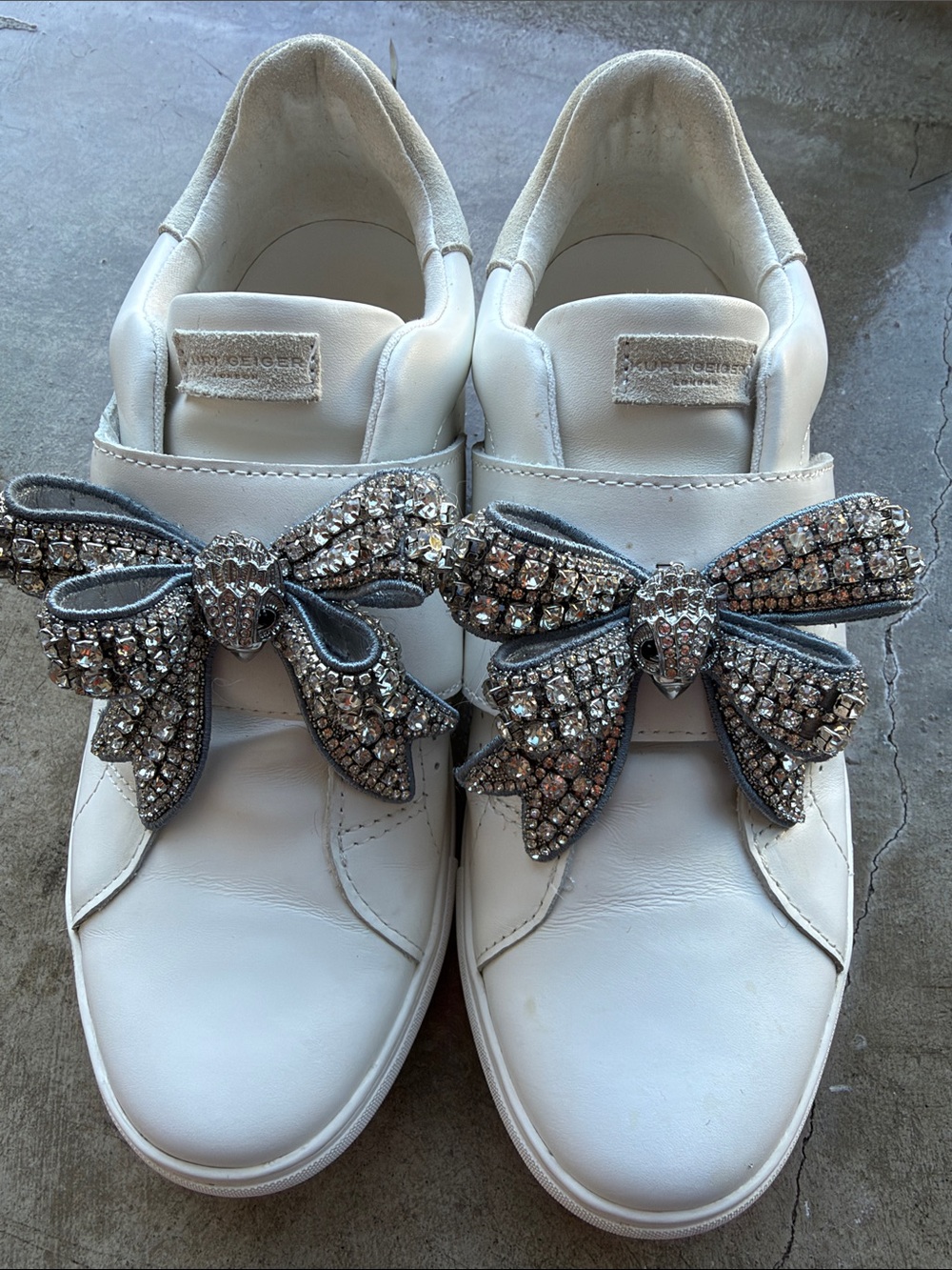 Kurt Geiger White Leather Sneakers with Crystal Bow Accents